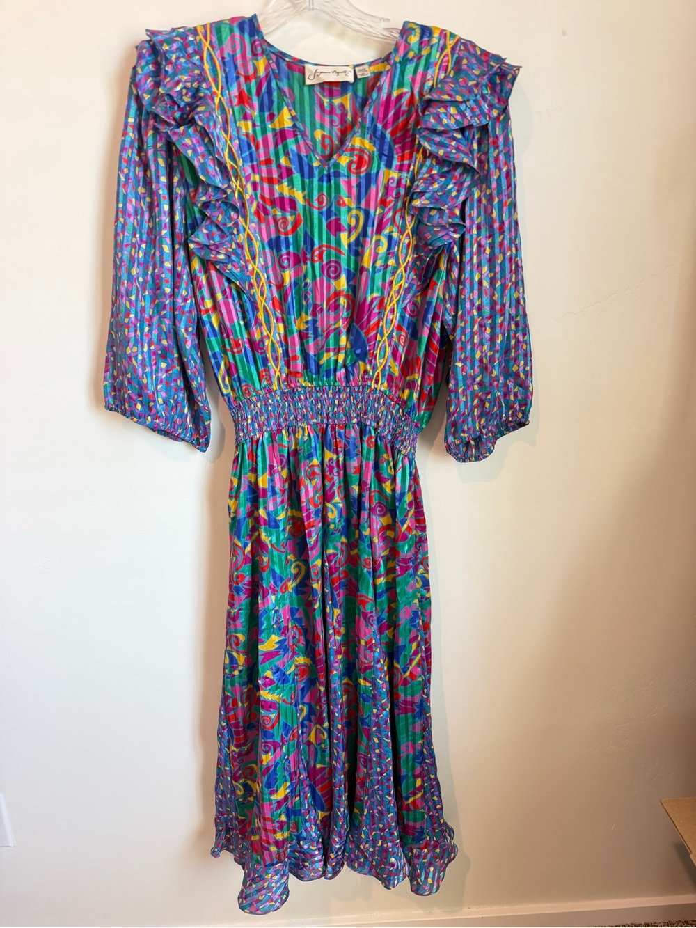 80s Vintage Multicolor Ruffle Midi Dress Pleats M